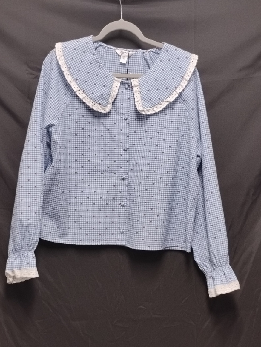 Girls' Light Blue Gingham Lace-Collar Button-Up Top
